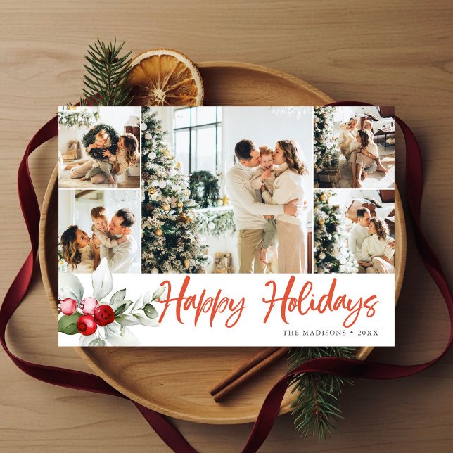 Happy Holidays Berry Brush Script 7 Photo Holiday Card (Creator Uploaded)