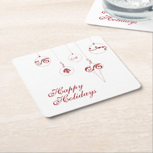 Happy Holidays Berry Red Monogram Bauble Ornaments Square Paper Coaster