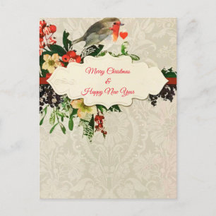 Happy Holidays Bird Greenery Red Ribbons Heart Postcard