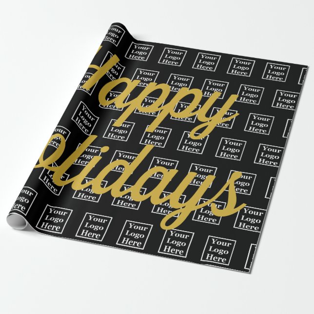 Happy Holidays Black and Gold Script Business Logo Wrapping Paper (Unrolled)