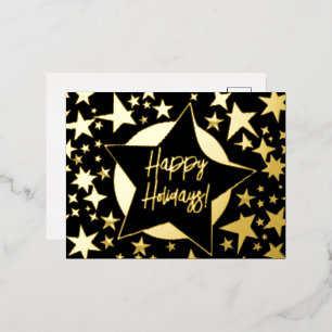 Happy Holidays Black and Gold Stars Christmas Foil Holiday Postcard