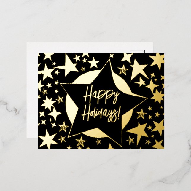 Happy Holidays Black and Gold Stars Christmas Foil Holiday Postcard (Front/Back)