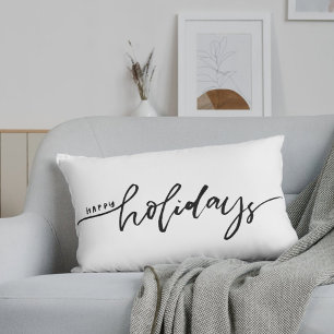 Happy Holidays Black and White Buffalo Check Plaid Lumbar Cushion