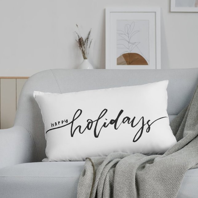 Happy Holidays Black and White Buffalo Check Plaid Lumbar Cushion (Creator Uploaded)