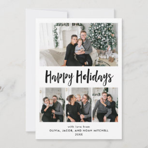 Happy Holidays   Black and White Multi Photo Grid Holiday Card