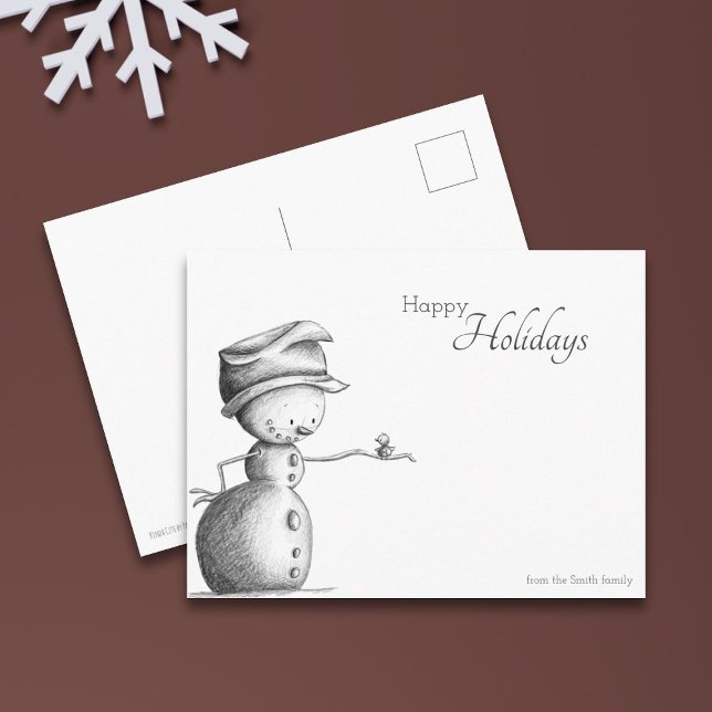 Happy Holidays Black and White Snowman with Bird Postcard (Creator Uploaded)