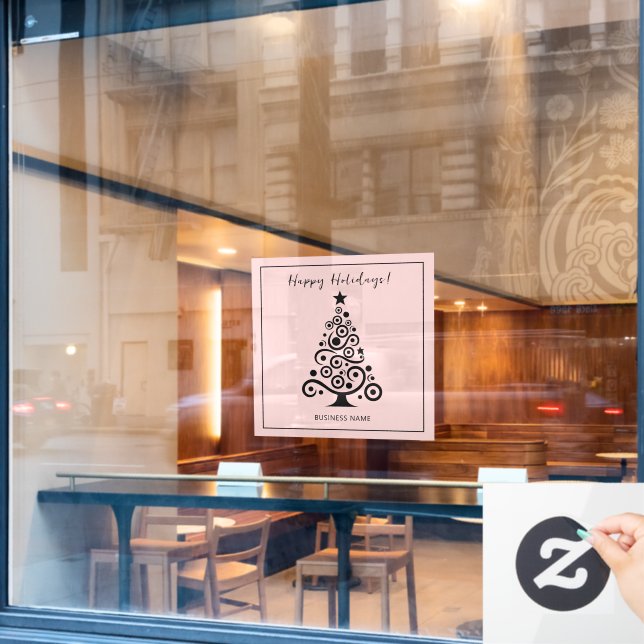 Happy Holidays Black Christmas Tree on Light Pink Window Cling (Cafe Window)