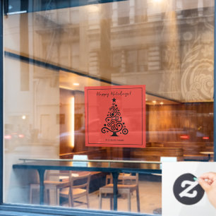 Happy Holidays Black Christmas Tree on Red Window Cling