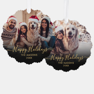 Happy Holidays Black Gold 2 Photo Christmas Tree Decoration Card