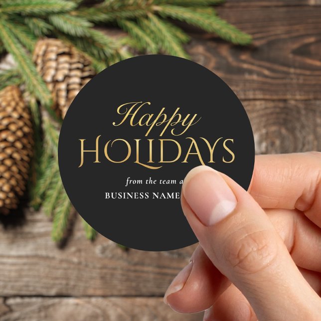 Happy Holidays Black Gold Business Christmas Classic Round Sticker (Creator Uploaded)