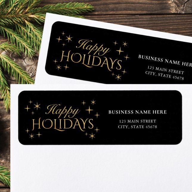 Happy Holidays Black Gold Business Return Address (Creator Uploaded)