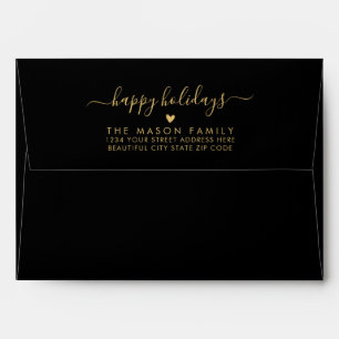 Happy Holidays Black Gold Family Return Address Envelope