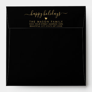 Happy Holidays Black Gold Family Return Address Envelope