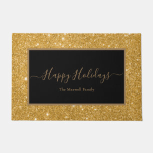 Happy Holidays black gold glitter family name Doormat