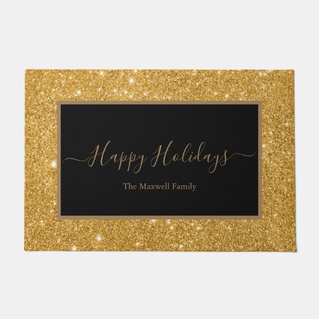 Happy Holidays black gold glitter family name  Doormat (Front)