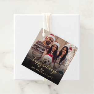 Happy Holidays Black Gold Script Family Photo Favour Tags