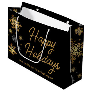 Happy Holidays Black Gold Snowflakes Customized Large Gift Bag