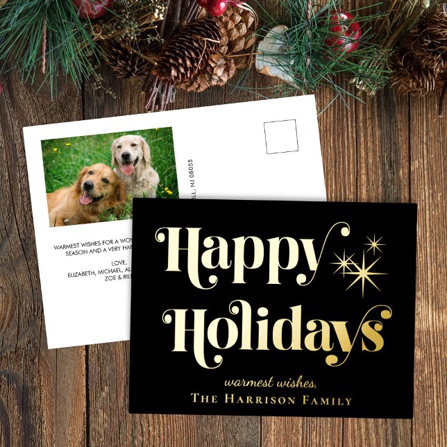Happy Holidays Black Photo Christmas Foil Holiday Postcard (Creator Uploaded)
