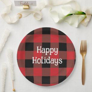 Happy Holidays Black & Red Plaid Paper Plate
