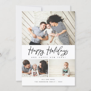 Happy Holidays Black Script 3 Collage Multi-Photo Holiday Card