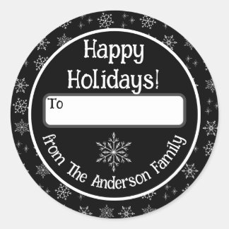 Happy Holidays Black Sticker with Snowflakes