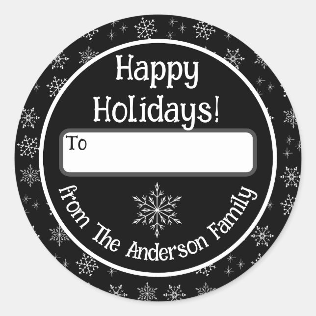 Happy Holidays Black Sticker with Snowflakes (Front)