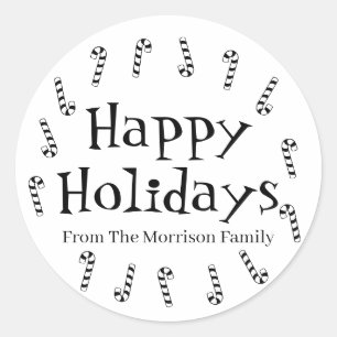 Happy Holidays black white custom cute favour Classic Round Sticker