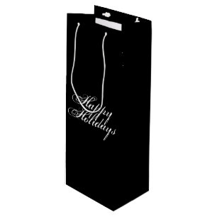 Happy Holidays black white script elegant Wine Gift Bag