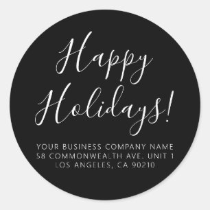 Happy Holidays black white script simple address Classic Round Sticker