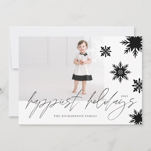 Happy Holidays Black & White Snowflakes Family Holiday Card (Front)