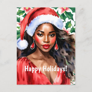 Happy Holidays Black Woman Santa Hat Holiday Postcard