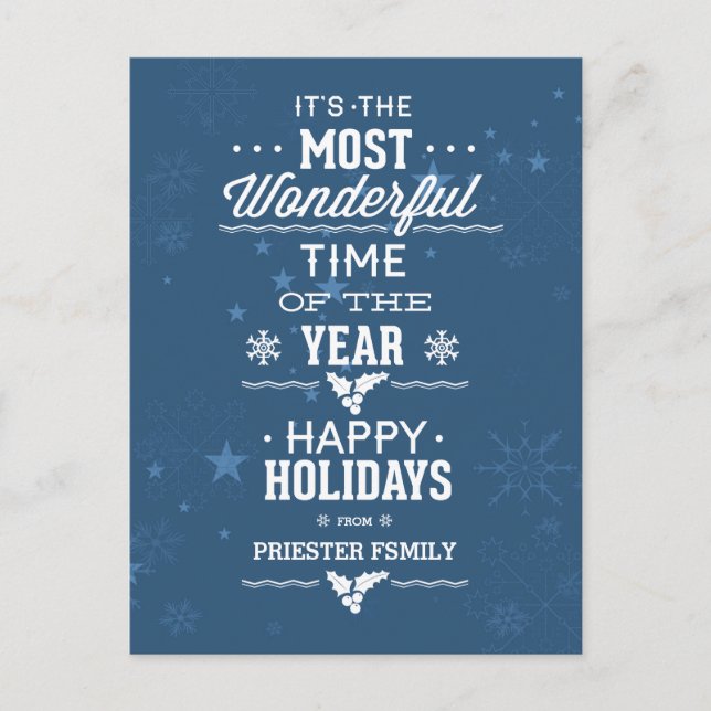 Happy Holidays Blue And White Text Design Holiday Postcard (Front)