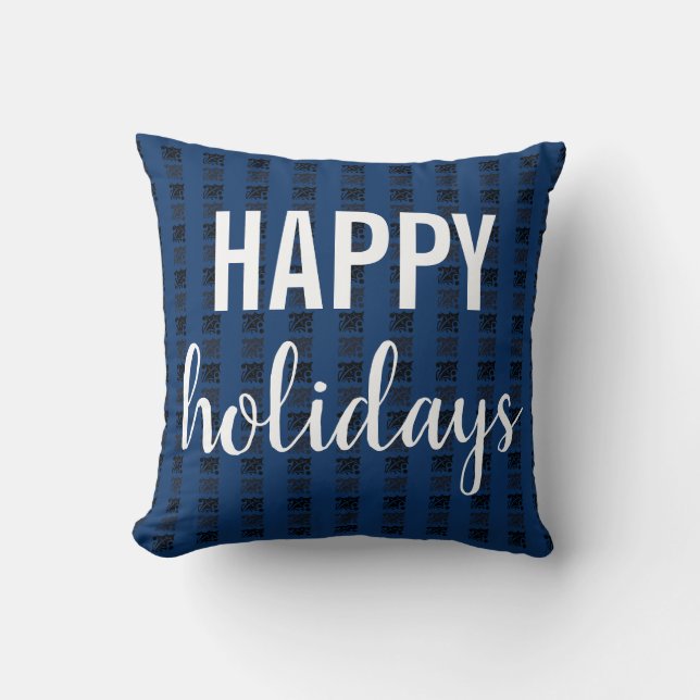 Happy Holidays Blue Black Chequered Cushion (Front)