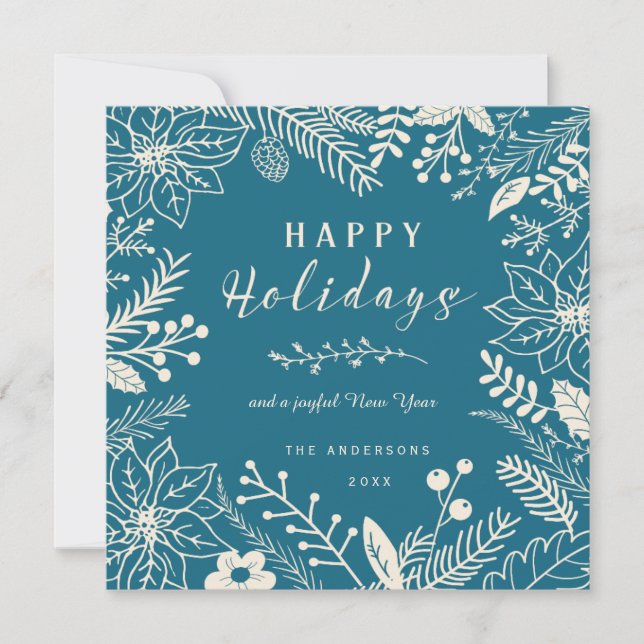HAPPY HOLIDAYS BLUE BOTANICAL SQUARE PHOTO COLLAGE HOLIDAY CARD (Front)