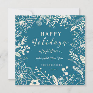 HAPPY HOLIDAYS BLUE BOTANICAL SQUARE PHOTO COLLAGE HOLIDAY CARD