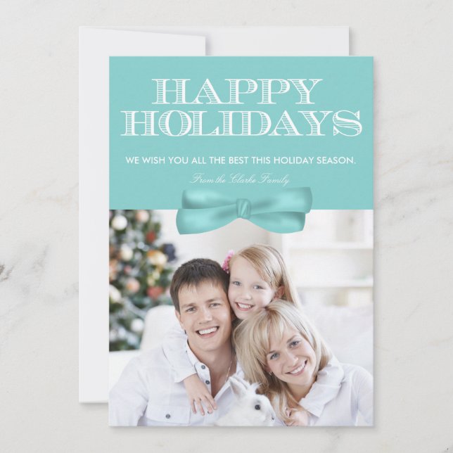 Happy Holidays Blue Bow Chevron Photo Card (Front)