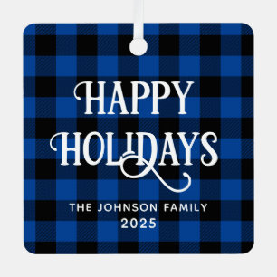 Happy Holidays Blue Buffalo Plaid Family Photo Metal Tree Decoration