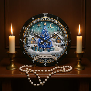 Happy Holidays Blue Christmas Tree Village Large Clock