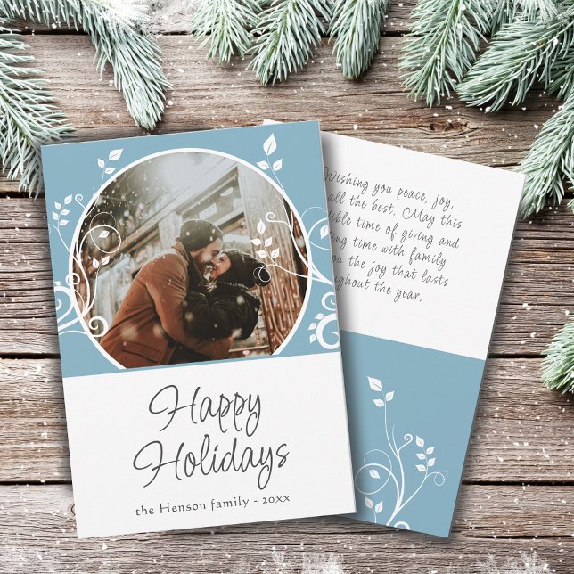 Happy Holidays Blue Foliage Family Photo Holiday Card (Creator Uploaded)