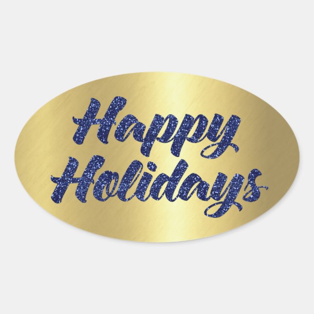 Happy Holidays Blue Glitter on Gold Oval Sticker (Front)