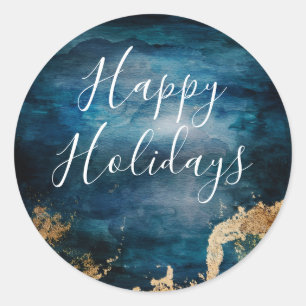 Happy Holidays Blue & Gold Classic Round Sticker