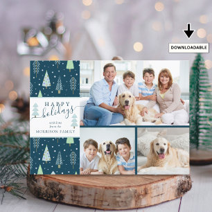 HAPPY HOLIDAYS Blue Green Trees Script 3 Photos Holiday Card