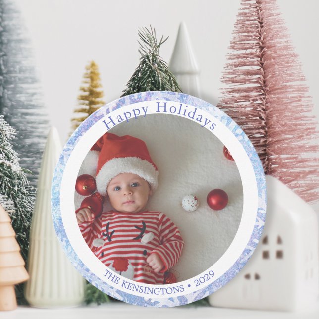 Happy Holidays Blue Round Snowflake Holiday Card (Round Baby’s First Christmas Photo Card)
