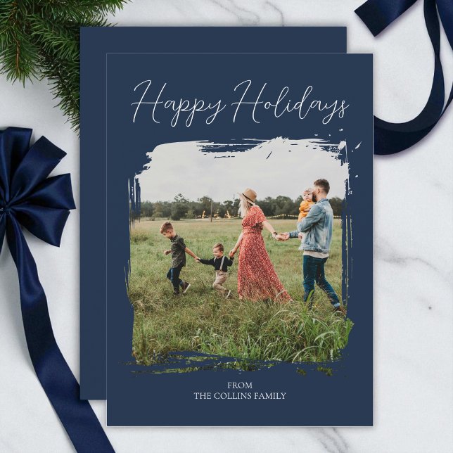 Happy Holidays Blue Script Modern Minimal Photo Holiday Card (Happy Holidays Blue Script Modern Minimal Photo Holiday Card)