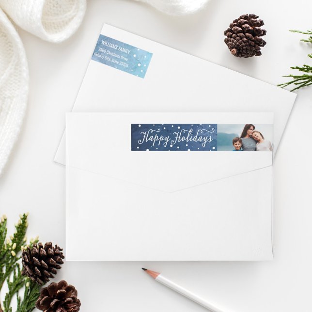 Happy Holidays Blue Watercolor Photo Address Wrap Around Label (Creator Uploaded)