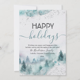 Happy Holidays Blue Watercolor Winter Forest Card