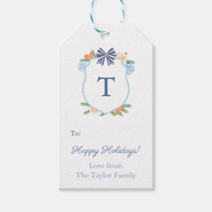Happy Holidays Blue & White Citrus Monogram Crest Gift Tags