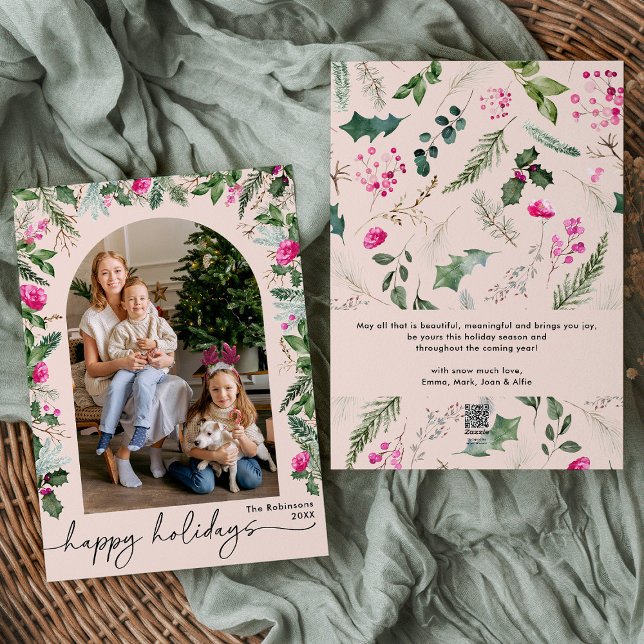 Happy Holidays Blush Pink Botanical Arch 1 Photo Holiday Card (Creator Uploaded)