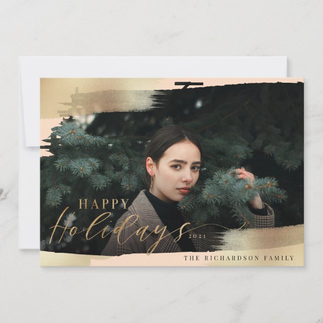 Happy Holidays Blush Pink & Gold Foil Brush Photo Holiday Card (Front)