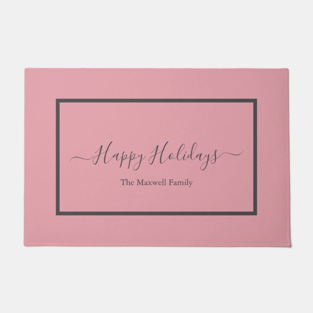Happy Holidays blush pink script family name   Doormat (Front)